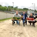 ​Portrush Tootsie and Portrush Ben pictured with Adrian McGarry (left), Andrew O’Neill from O’Neills Dog Food (centre) & Kevin Keenan (right).