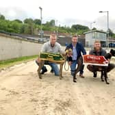 ​Portrush Tootsie and Portrush Ben pictured with Adrian McGarry (left), Andrew O’Neill from O’Neills Dog Food (centre) & Kevin Keenan (right).
