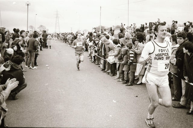 Raising funds for the Foyle Hospice at the 1983 Male Mini Marathon.