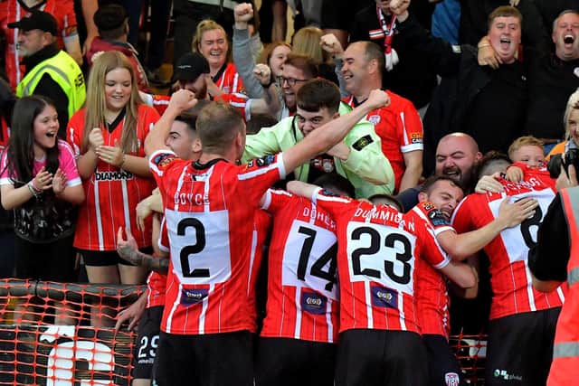 Derry City players and fans celebrate Cian Kavanagh’s goal against KuPs FC. Photo: George Sweeney. DER2330GS -