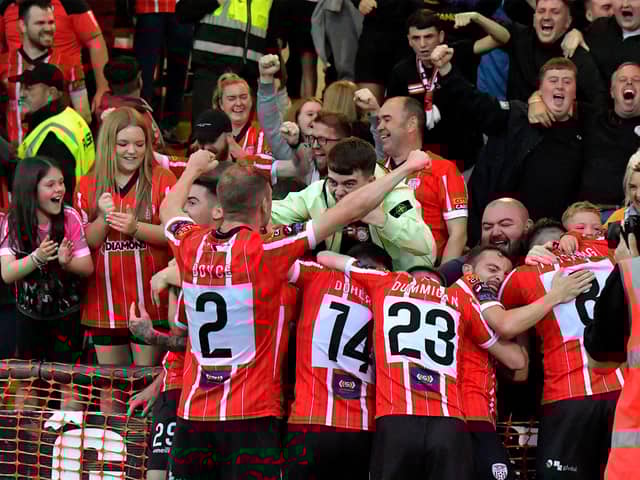 Derry City players and fans celebrate Cian Kavanagh’s goal against KuPs FC. Photo: George Sweeney. DER2330GS -