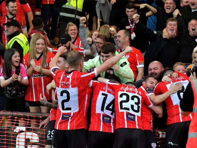 Derry City players and fans celebrate Cian Kavanagh’s goal against KuPs FC. Photo: George Sweeney. DER2330GS -