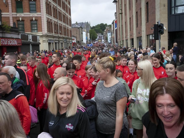 The Foyle Cup Parade 2023 makes its way down Gt. James Street, Derry on Tuesday morning. (Photo: JIm McCafferty Photography)