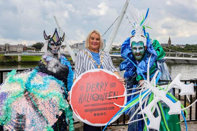Mayor of Derry City and Strabane, Cllr Sandra Duffy with some creatures from the underworld launching Halloween 2022.