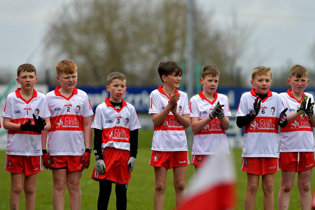 Primary School boys from Cumann na mBunscol who took part in a football game during half-time at Owenbeg on Sunday afternoon.  Photo: George Sweeney. DER2312GS – 27