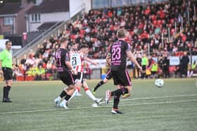 Derry City striker Danny Mullen finds the bottom corner with this strike in the second half against Dundalk. Photograph by George Sweeney.