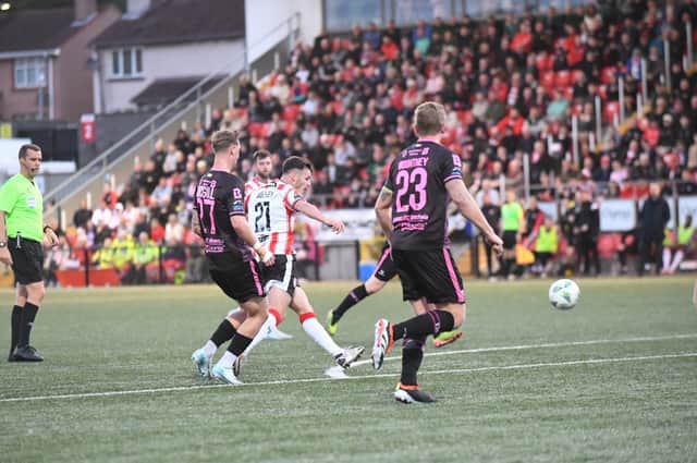 Derry City striker Danny Mullen finds the bottom corner with this strike in the second half against Dundalk. Photograph by George Sweeney.