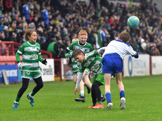 Young footballers from Faughanvale and Ballinderry playing during the SFC final interval at Celtic Park on Sunday afternoon. Photo: George Sweeney