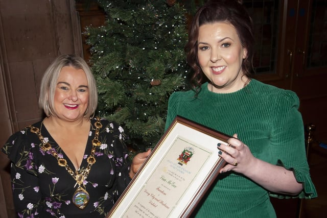 FREEDOM OF THE CITY. . . . . The Mayor of Derry City and Strabane District Council, Sandra Duffy pictured handing over the Freedom of the City award to Lisa McGee, writer of Derry Girls, at a reception in the Guildhall on Monday evening. (Photos: Jim McCafferty Photography)