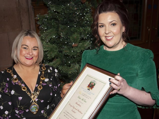 FREEDOM OF THE CITY. . . . . The Mayor of Derry City and Strabane District Council, Sandra Duffy pictured handing over the Freedom of the City award to Lisa McGee, writer of Derry Girls, at a reception in the Guildhall on Monday evening. (Photos: Jim McCafferty Photography)