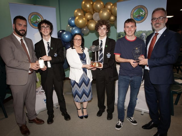 Pictured receiving their prizes at Senior Prizegiving are Jack McGinn(Second from Left) winner of the following prizes , The Bishop Farren Memorial Prize for Best GCSE results, The Principal’s Prize as the leading Further Mathematics Candidate, The Father Phillip Donnelly prize for History, The Prize for GCSE English Language, Mathematics (Co Winner) Music and Religious Studies . Also included are Eoin Havord Winner of The Paul Wilkins award as the leading GCSE English Literature Candidate, The Dr Michael North Prize for Science and The Mathematics award (Co Winner) and Conor Meehan (Second Right) pictured winner of The Digital Technology Prize . Included in the picture (from left) are Mr J McQuillan Head of History, Mrs C McLaughlin Vice Principal (Third from left) from Mr T McGonigle (From right) Senior Teacher Head of English Department.