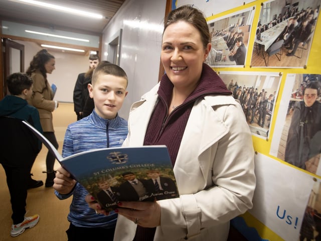 Hollybush PS pupil Noah pictured with his mum during Saturday's St. Columb's College Open Day. : .