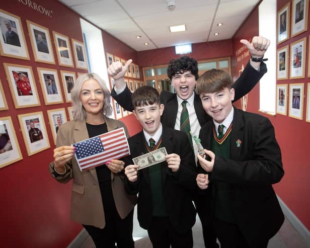 NEW YORK BOUND!. . . .St. Joseph's Boys School students Jack McLaughlin, Michael Doherty and Olly Page pictured with teacher Miss Ciara McCallion who, along with Principal, Mrs. Ciara Deane, left for the United States of America and destination New York early on Wednesday morning last, after being nominated for an award in the 10th Annual Loukoumi 'Make A Difference' Awards. (Photo: JIm McCafferty Photography)