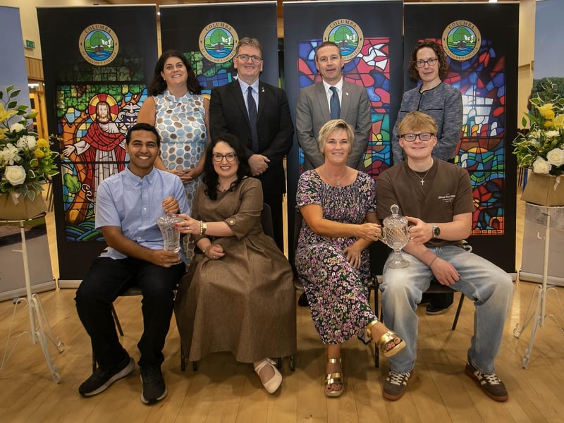 The Niall O’Kane Memorial Prize for Social Concern / The McCann Family Prize award winners - Ramez Abdelsayed, Mrs Caroline McLaughlin (Principal), Ms Karen Simpson, Parent
Governor), and Fionn Johnson. Back from left, Mrs Patrice McConnell (Senior Teacher), Mr Donal Chambers (Head of Year 14), Mr Ryan Horner (Senior Teacher) and Mrs. Ursula Grimley, (Vice Princpal).
: .