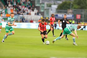 Derry City midfielder Adam O'Reilly drives through the middle against Rovers in Tallaght. Photo by Kevin Moore.