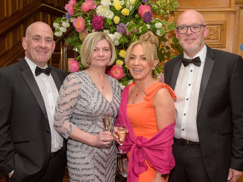 The Mayor Councillor Patricia Logue hosted the annual Mayor’s Ball in the Guildhall in aid of her crossed Charities the Foyle Hospice and Ryan McBride Foundation. Pictured at the event are guests, Ben and Mandy Keith and Caoimhe and Mal Duddy. Picture Martin McKeown. 24.05.24