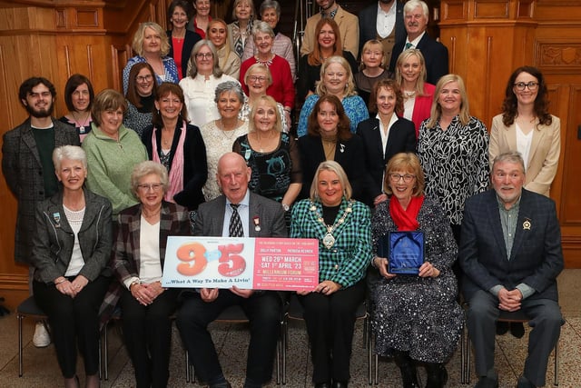 Mayor Sandra Duffy pictured with members of the LMS at a civic reception in the Whittaker Suite in the Guildhall to mark their 60th anniversary of the Londonderry Musical Society. Donald Hill, president, displays a banner promoting this year's musical production "9-to-5" which takes place from March 29 to April 1 in the Millennium Forum. (Photo - Tom Heaney, nwpresspics)