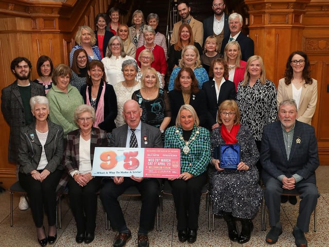 Mayor Sandra Duffy pictured with members of the LMS at a civic reception in the Whittaker Suite in the Guildhall to mark their 60th anniversary of the Londonderry Musical Society. Donald Hill, president, displays a banner promoting this year's musical production "9-to-5" which takes place from March 29 to April 1 in the Millennium Forum. (Photo - Tom Heaney, nwpresspics)