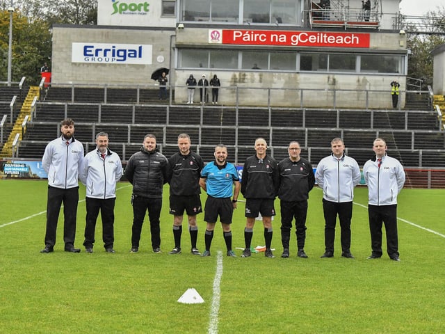 Referee Thomas Devlin and match officials pictured prior to throw-in at the Derry Junior Football Championship Final between Doire Trasna and Slaughtmanus at Celtic Park on Sunday afternoon. Photo: George Sweeney