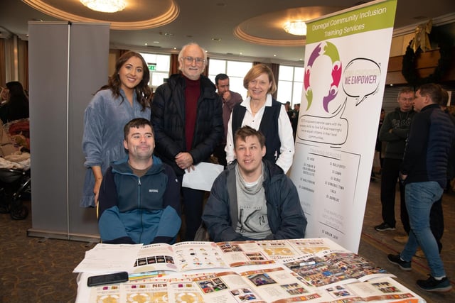 At the HSE & IDP Health, Social Care Recruitment  &  Education Fair in Inishowen Gateway Hotel on Tuesday lastseated Stephen Dowds and Liam Wheeldon. Back from left  Anndrea Logue, Brendan Hne and Mary Hehir. Photo Clive Wasson