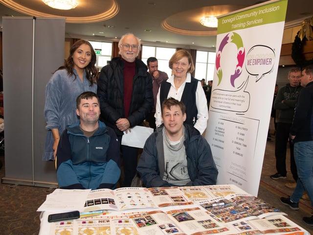 At the HSE & IDP Health, Social Care Recruitment & Education Fair in Inishowen Gateway Hotel on Tuesday lastseated Stephen Dowds and Liam Wheeldon. Back from left Anndrea Logue, Brendan Hne and Mary Hehir. Photo Clive Wasson