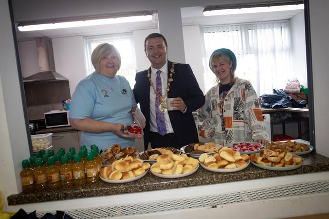 Mayor McHugh takes time out for a cuppa on Thursday.