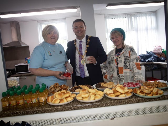 Mayor McHugh takes time out for a cuppa on Thursday.