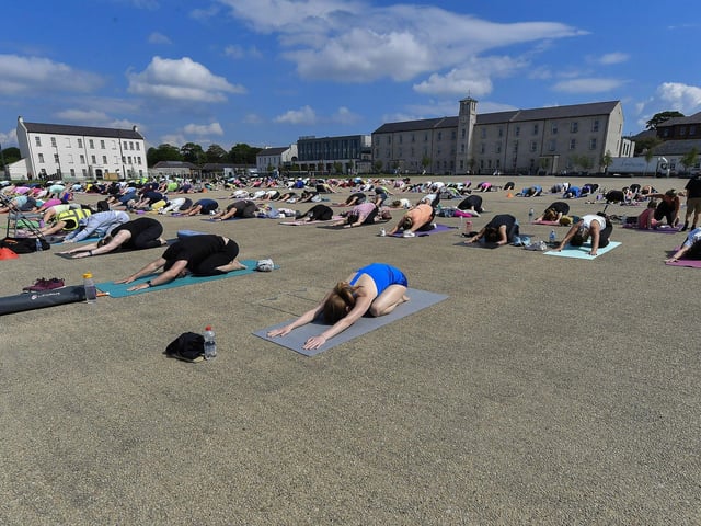 There was a large turnout, in Ebrington Square on Saturday morning, for the Northlands Well Being Yoga event lead by John Bell. The event was part of the Northlands 50th Anniversary Celebrations. Photo: George Sweeney