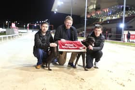 Sweepstake Final winner Knockadoo Chris with, from left, Aidan Gallagher and brothers Dean and Darren Toland. Photo by John Killen.