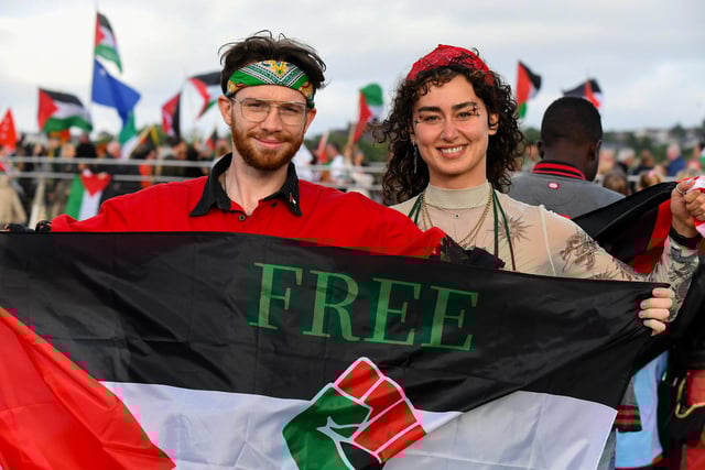 People gather for a Vigil for Gaza held on the Peace Bridge on Friday Evening, organised by the Derry Irish Palestinian Solidarity Campaign. Photo: George Sweeney