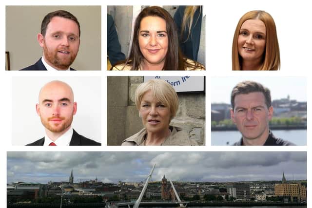 Six of the eight candidates for Foyle: Top row: Gary Middleton (DUP), Rachael Ferguson (Alliance) and Janice Montgomery (UUP). Bottom row: John Boyle (Aontú), Anne McCloskey (Independent) and Shaun Harkin (People Before Profit).