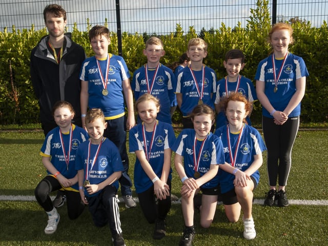 Steelstown PS medal winners at the Primary Schools Duathlon in St. Mary’s College on Wednesday morning.
