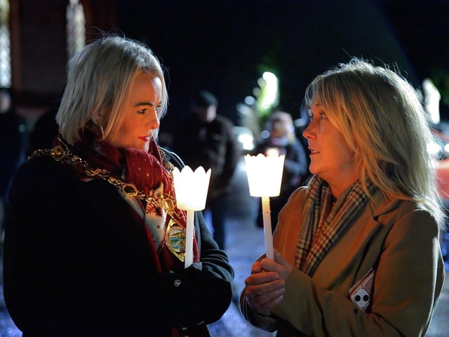 Mayor Sandra Duffy and Ciara Ferguson MLA attended the wreath laying event,at Strabane Old Road, on the 50th Anniversary of the Annie’s Bar massacre on Tuesday evening. Photo: George Sweeney. DER2251GS – 10