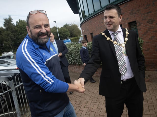 Mr. Feargal Friel, Principal, Hollybush PS welcoming the Mayor of Derry City and Strabane District Council, Ruairi McHugh to the school's Golf Classic at Foyle Golf Club on Saturday morning. (Photos: Jim McCafferty Photography)