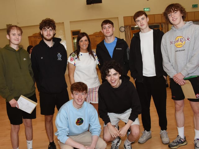 Mrs Michaela Doherty pictured with some of her A Level Mathematics students on Results Day 2023.