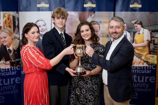 Senior Club of the Year (School Show) received on behalf of the cast by Lucie McElhinney & Andrew Flanagan. Also pictured Mr Mark Bradley (Head of Music) & Mrs Leona Peace (Co-ordinator of Drama).