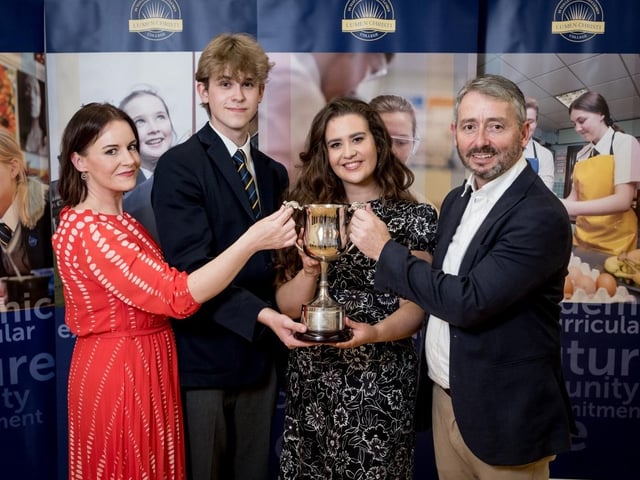 Senior Club of the Year (School Show) received on behalf of the cast by Lucie McElhinney & Andrew Flanagan. Also pictured Mr Mark Bradley (Head of Music) & Mrs Leona Peace (Co-ordinator of Drama).