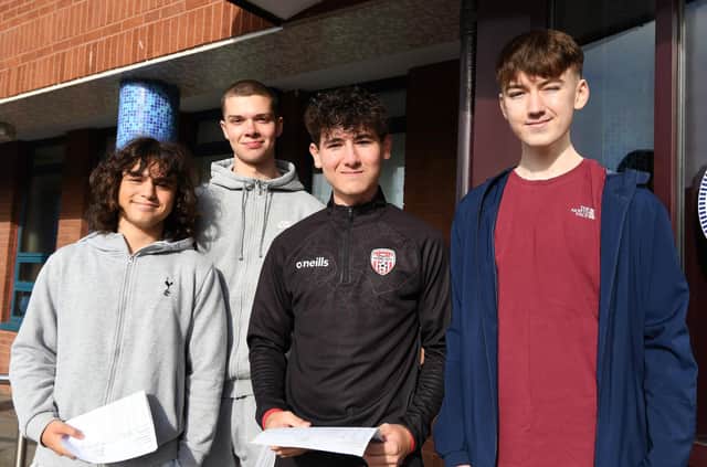 Lloyd Fisicaro, Ben Morrison, Matthew O'Connor and Lorcan McNamara collecting their GCSE results at St. Columb's College.