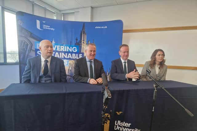 Economy Minister Conor Murphy with, from left, Ulster University Vice-Chancellor Professor Paul Bartholomew, Chair of the new taskforce, Stephen Kelly and Deputy Chair, Nicola Skelly.