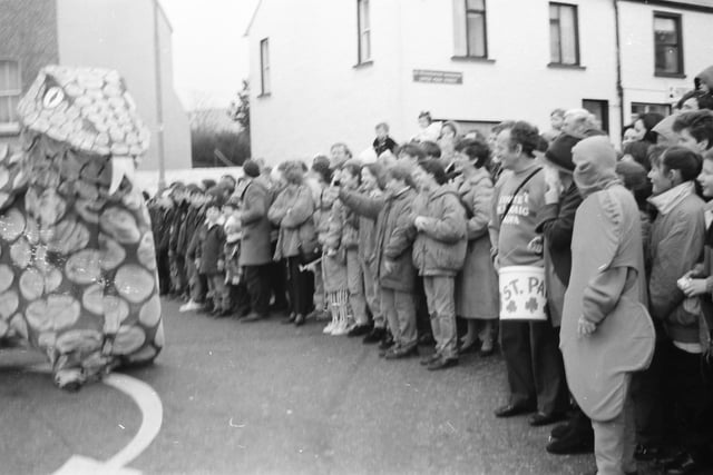 Revellers stand clear of one of the snakes St. Patrick banished from Ireland at the 1993 Buncrana St. Patrick's Day parade.