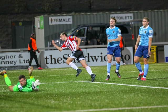 Joe Thomson celebrates his goal against Shelbourne at Brandywell.