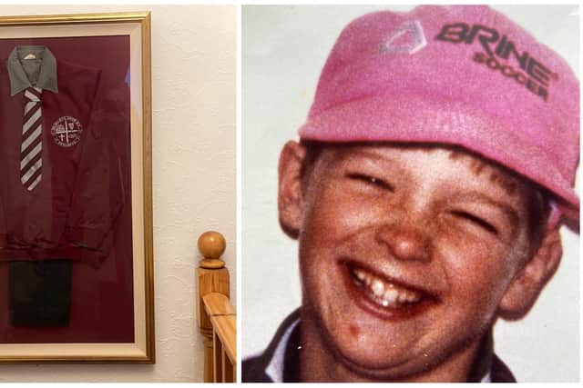 Strabane schoolboy Kieran Hegarty was murdered aged 11 on January 19, 1994. His P7 St Mary's PS uniform is framed on the landing of his mum Kate's home.