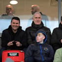 Linfield manager David Healy(left) and Derry City manager Ruaighrí Higgins (right) at Institute’s game against Dundela.  Photograph: George Sweeney