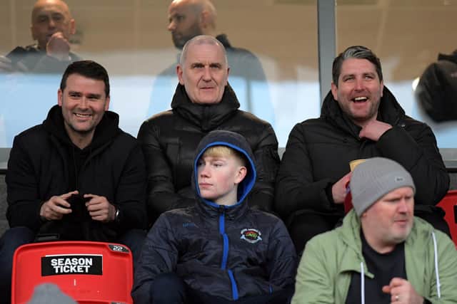 Linfield manager David Healy(left) and Derry City manager Ruaighrí Higgins (right) at Institute’s game against Dundela.  Photograph: George Sweeney