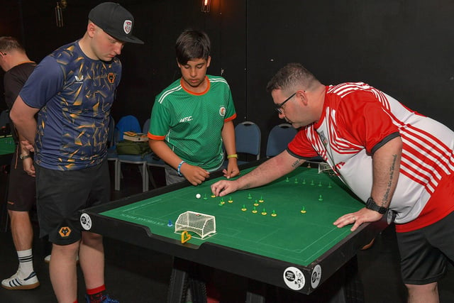 Frankie Connolly, Derry City Table Football Club, in action during the Subbuteo Irish Open held in the Nerve Centre. Photo: George Sweeney. DER2325GS - 115