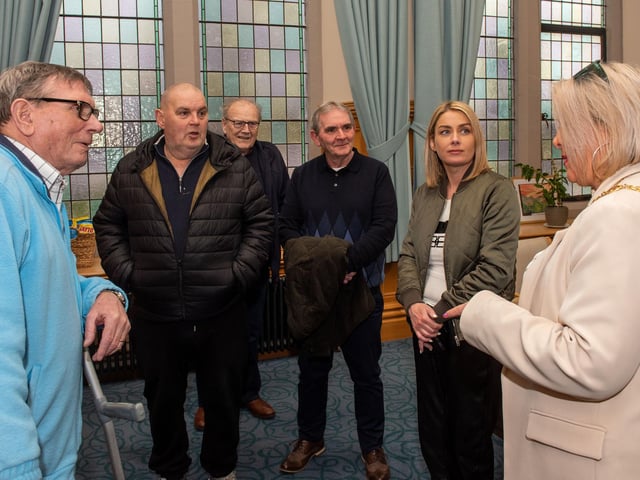 The Mayor Councillor Sandra Duffy welcomed members of Leafair Mens Health Group to the Guildhall this week for a catch up and to hear about the contribution the group makes to their lives. Included are, Derek Evans, Paul Redden, Eddie Coyle, John Bradley and Chantelle McCallion, co-ordinator. Picture Martin McKeown. 04.04.23