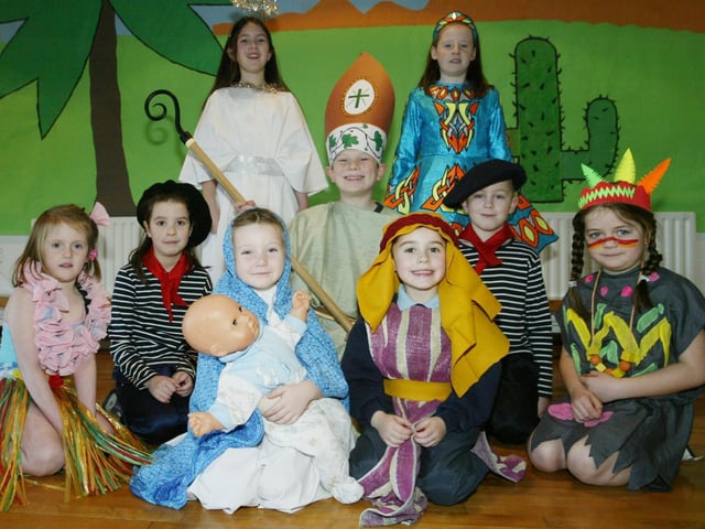 Some of the pupils from Faughanvale PS, during rehearsals for the forthcoming school nativity play "The Real christmas Story". (1212JB31):Derry nativities and Christmas shows from December 2003
