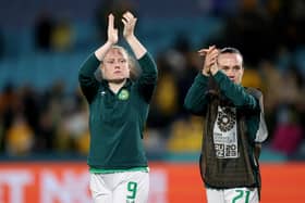 SYDNEY, AUSTRALIA - JULY 20: Amber Barrett and Ciara Grant of Republic of Ireland applaud fans after the team's 0-1 defeat in the FIFA Women's World Cup Australia & New Zealand 2023 Group B match between Australia and Ireland at Stadium Australia on July 20, 2023 in Sydney, Australia. (Photo by Brendon Thorne/Getty Images)