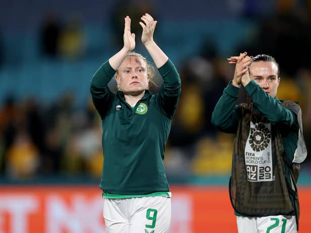 SYDNEY, AUSTRALIA - JULY 20: Amber Barrett and Ciara Grant of Republic of Ireland applaud fans after the team's 0-1 defeat in the FIFA Women's World Cup Australia & New Zealand 2023 Group B match between Australia and Ireland at Stadium Australia on July 20, 2023 in Sydney, Australia. (Photo by Brendon Thorne/Getty Images)