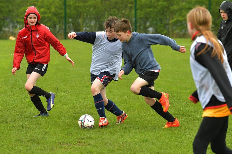 Soccer skills on show at the Derry City Easter Camp, on Tuesday,  at Broadbridge Primary School. Picture: George Sweeney. DER2315GS – 127